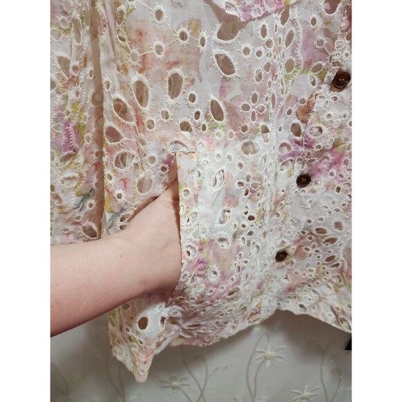 Kathy Ireland Womens XL Pink Shacket Victorian Floral Eyelet Relaxed Cottage - Picture 5 of 16
